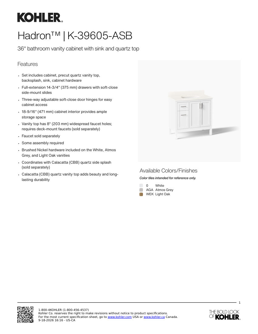 Kohler 39605-ASB cut sheet — first page