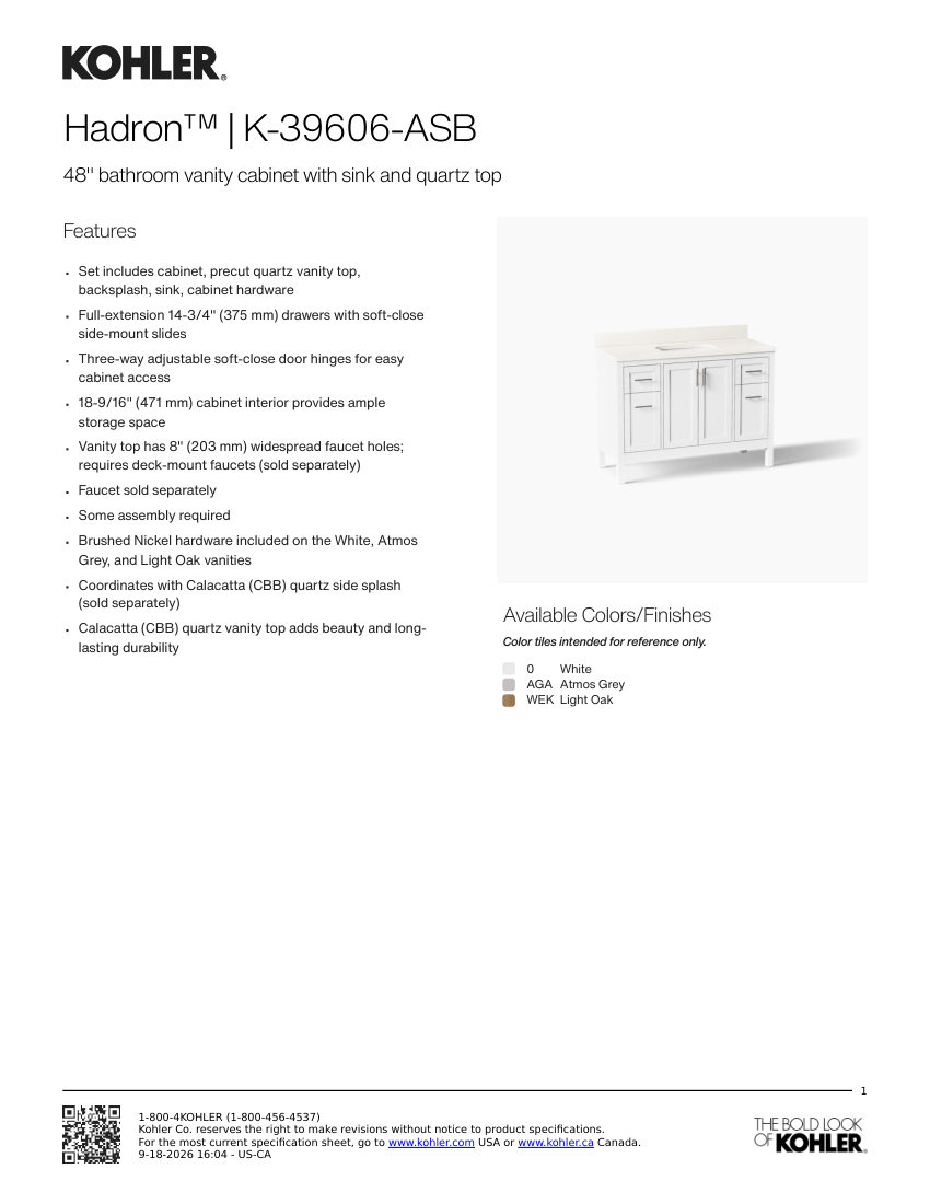 Kohler 39606-ASB cut sheet — first page
