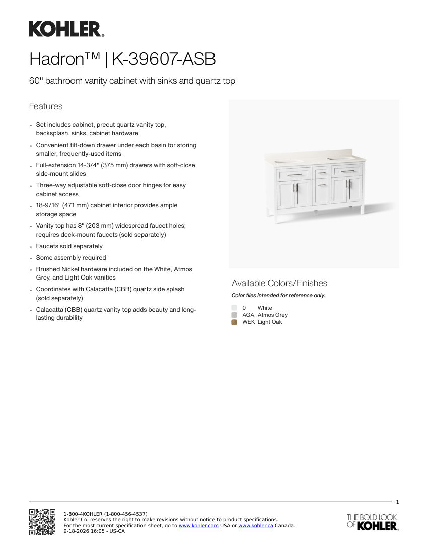 Kohler 39607-ASB cut sheet — first page