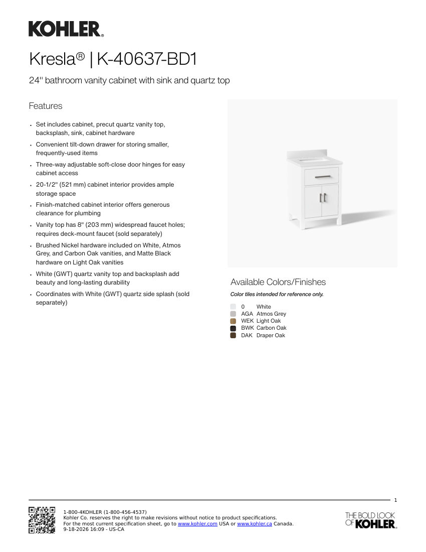 Kohler 40637-BD1 cut sheet — first page