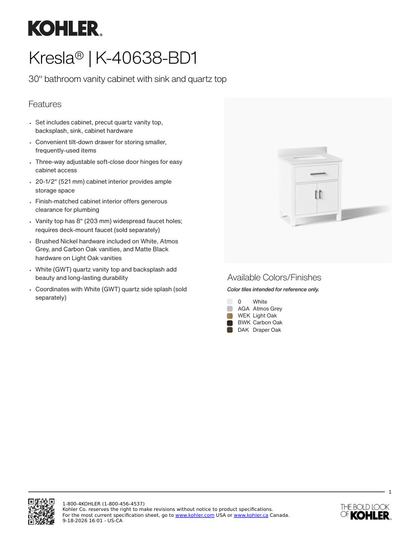Kohler 40638-BD1 cut sheet — first page