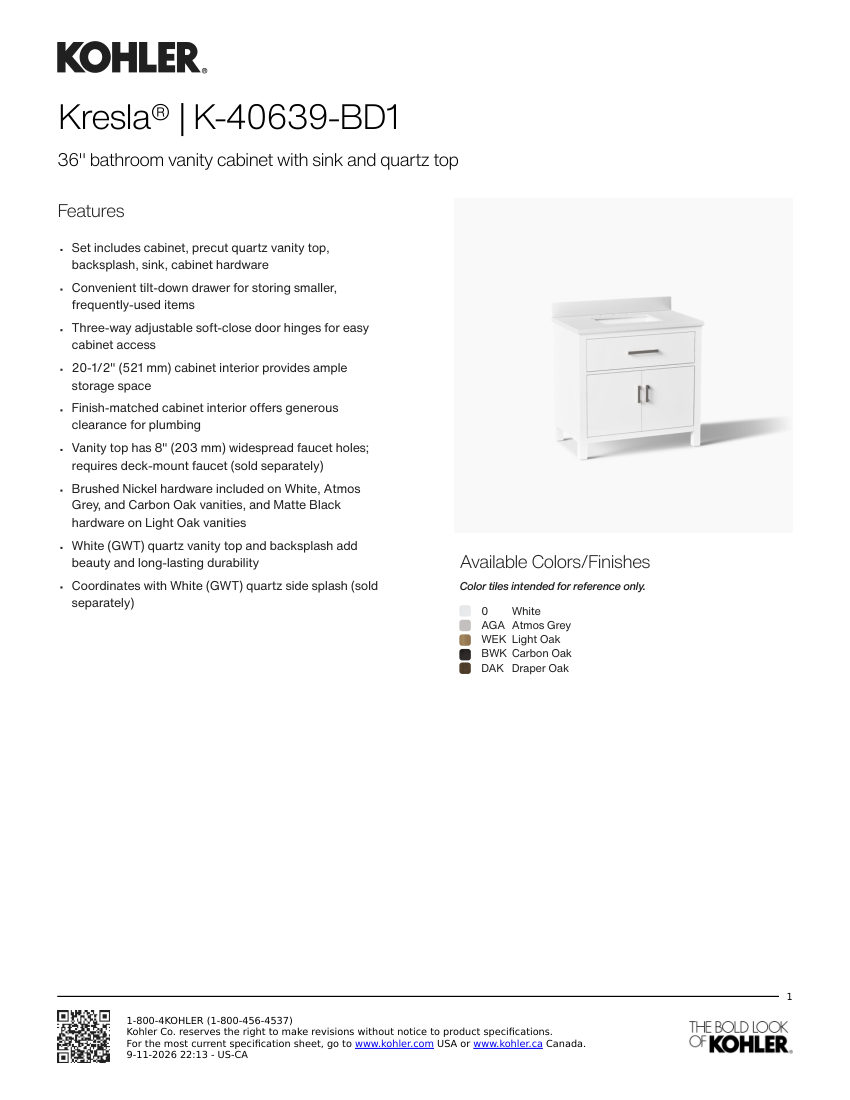 Kohler 40639-BD1 cut sheet — first page