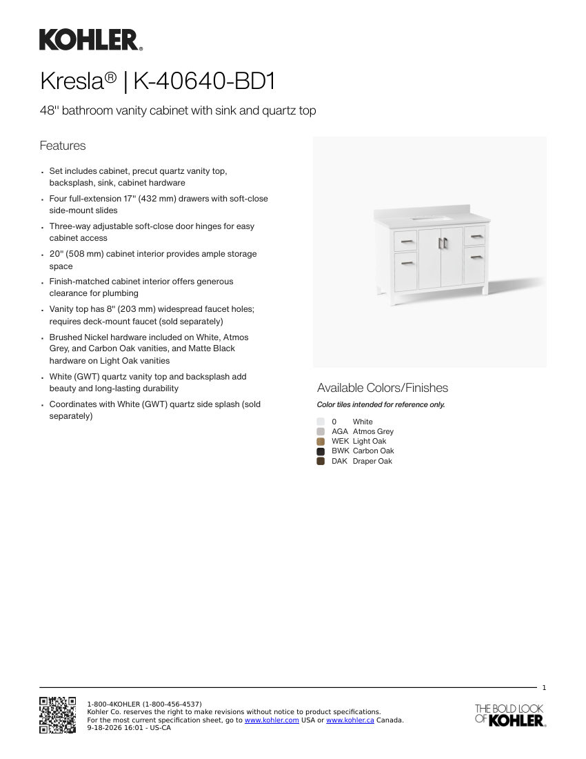 Kohler 40640-BD1 cut sheet — first page