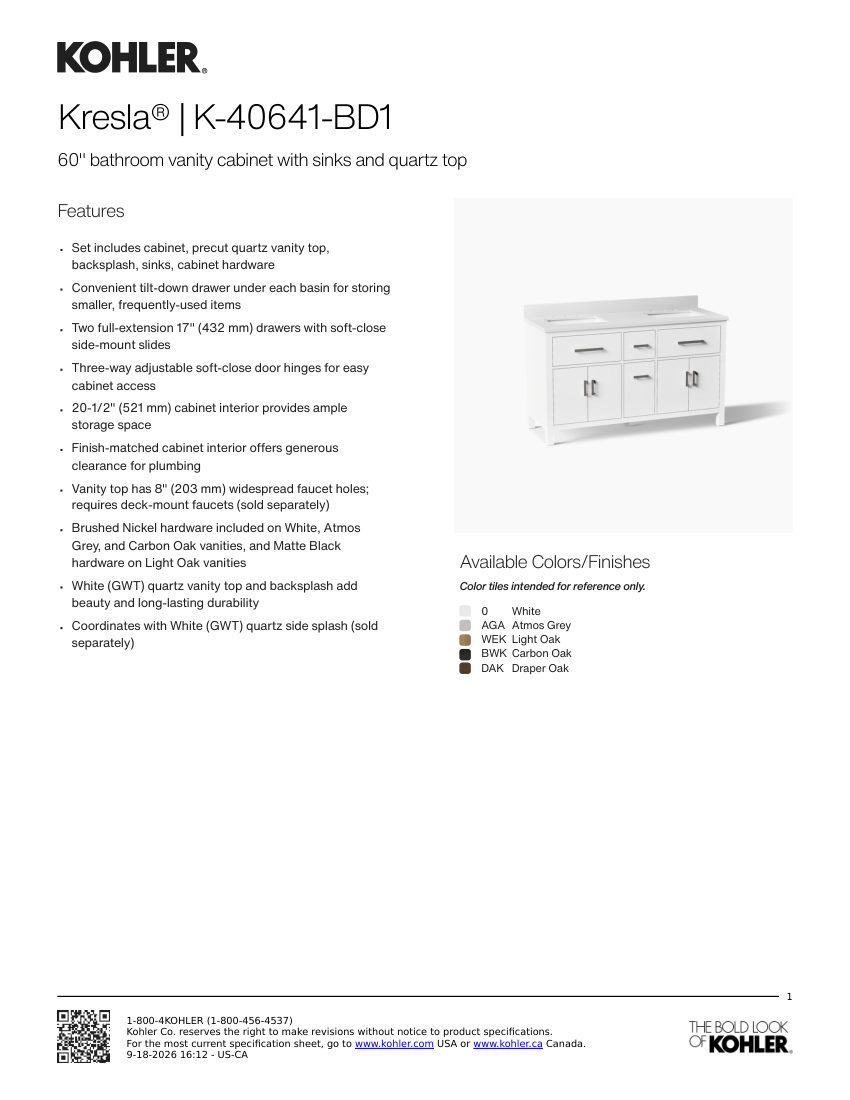 Kohler 40641-BD1 cut sheet — first page