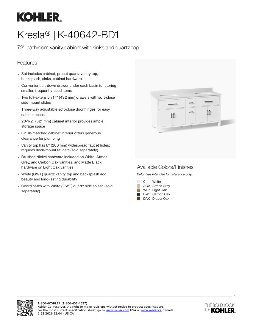 Kohler 40642-BD1 cut sheet — first page