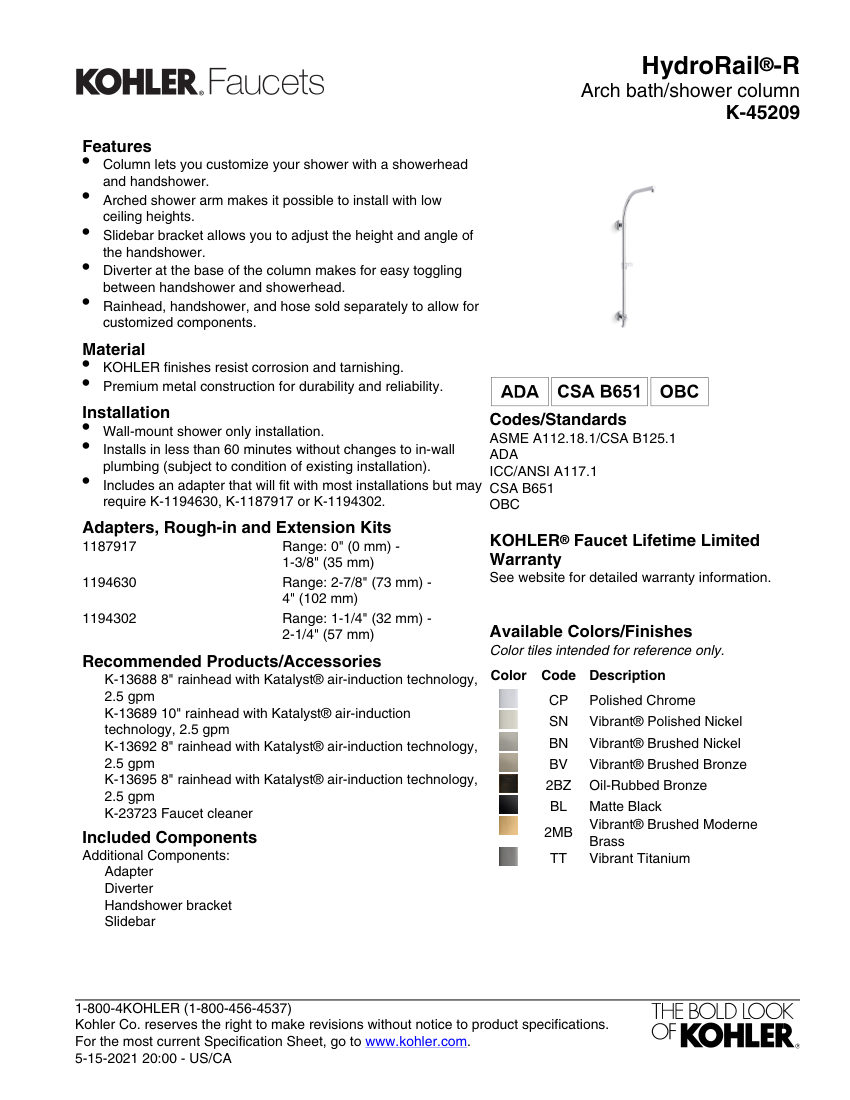 Kohler 45209 cut sheet — first page