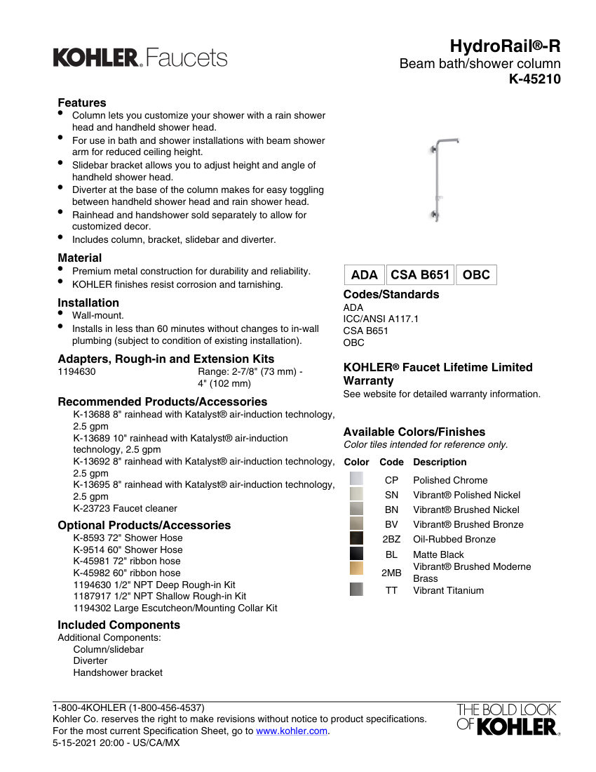 Kohler 45210 cut sheet — first page