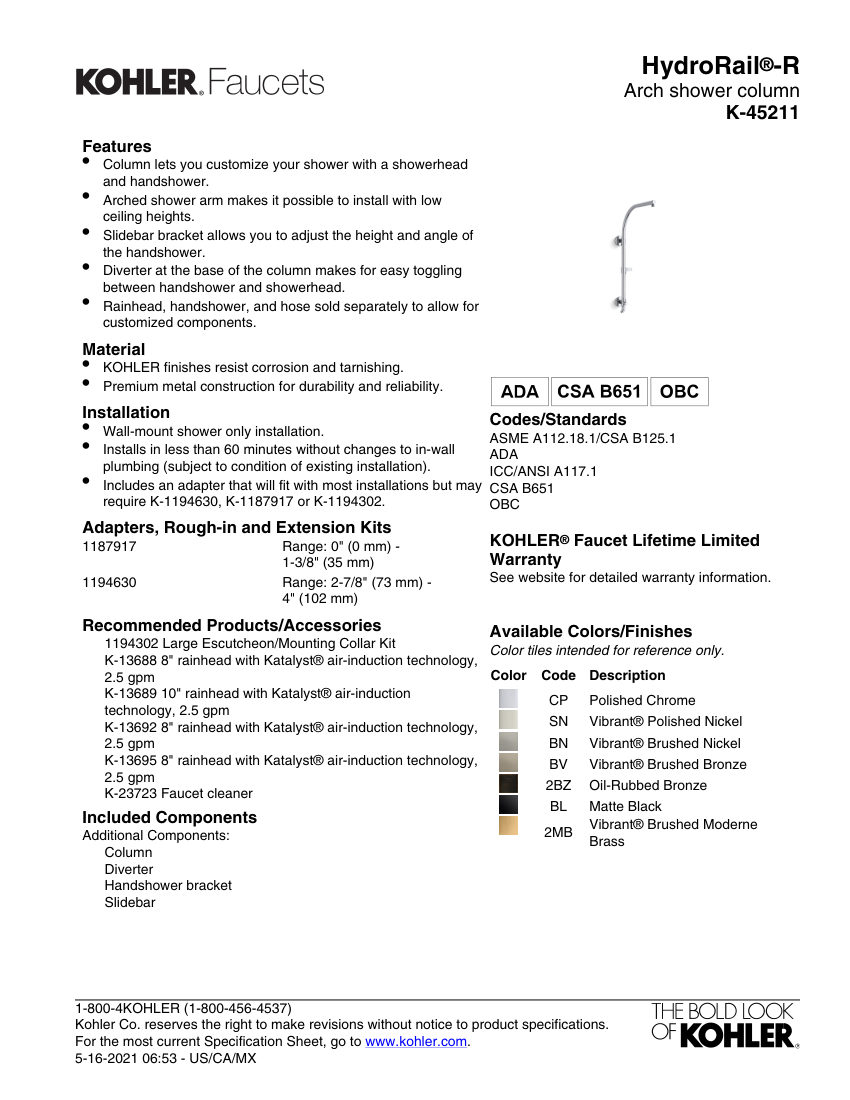 Kohler 45211 cut sheet — first page