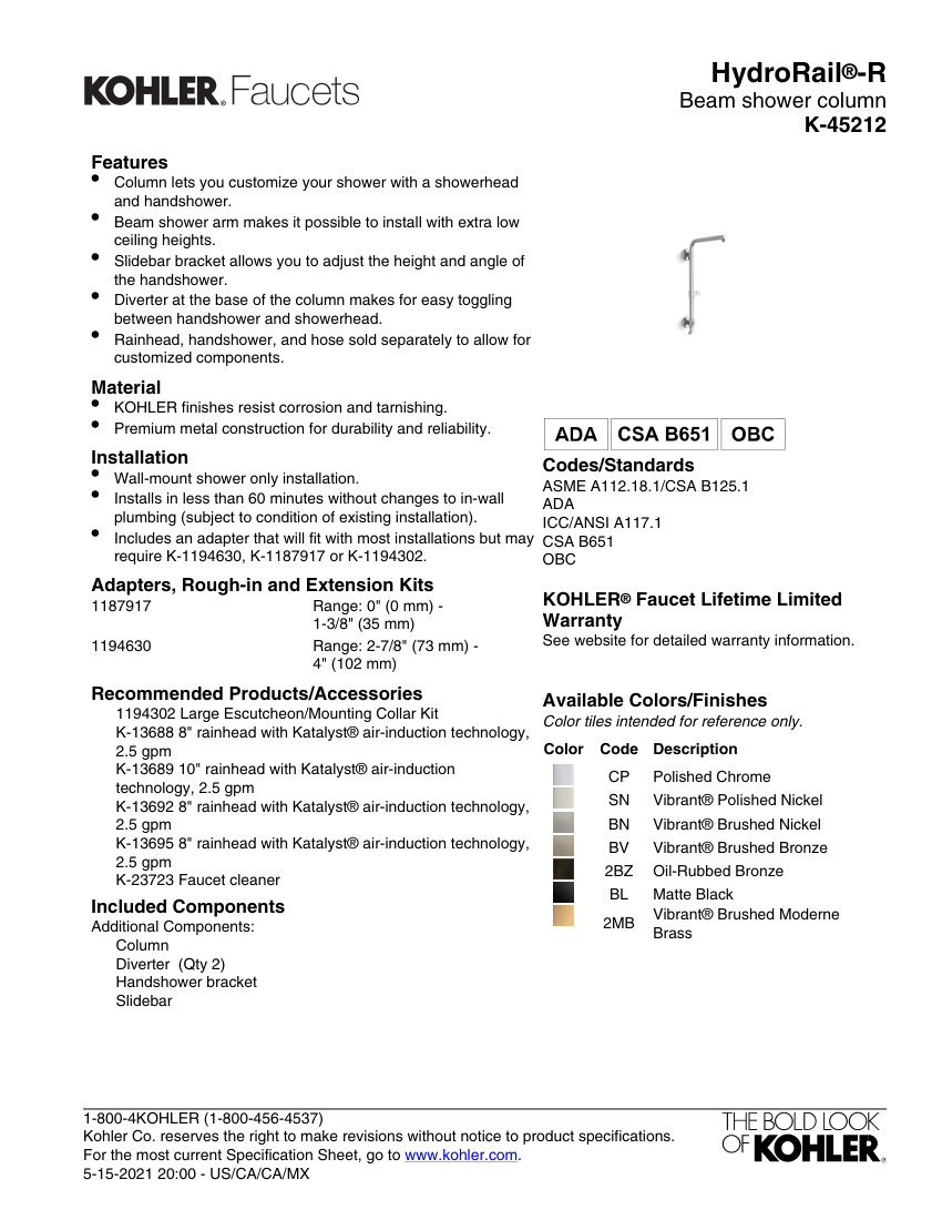 Kohler 45212 cut sheet — first page