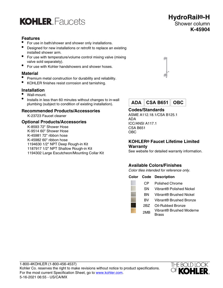 Kohler 45904 cut sheet — first page