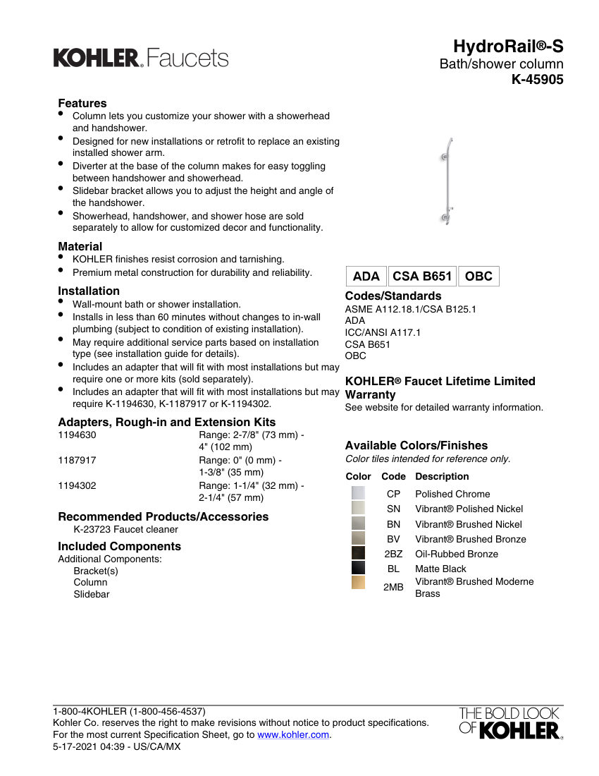 Kohler 45905 cut sheet — first page