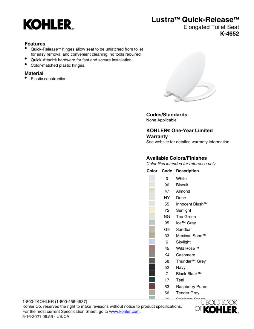 Kohler 4652 cut sheet — first page