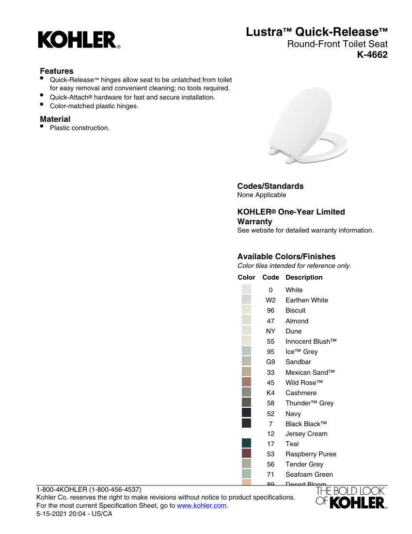 Kohler 4662 cut sheet — first page