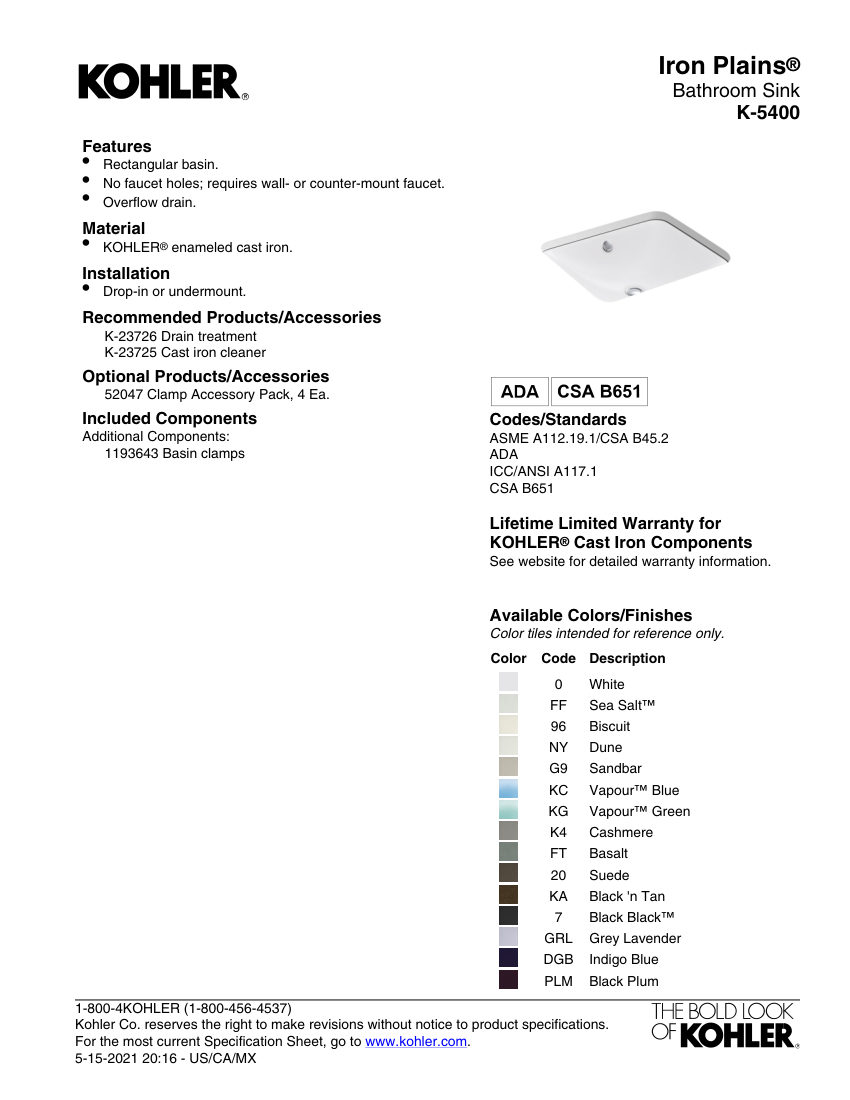 Kohler 5400 cut sheet — first page