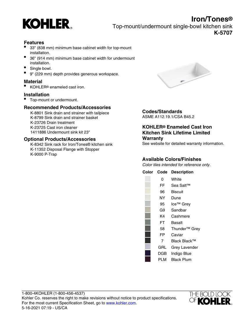 Kohler 5707 cut sheet — first page