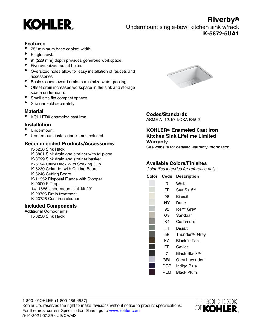 Kohler 5872-5UA1 cut sheet — first page