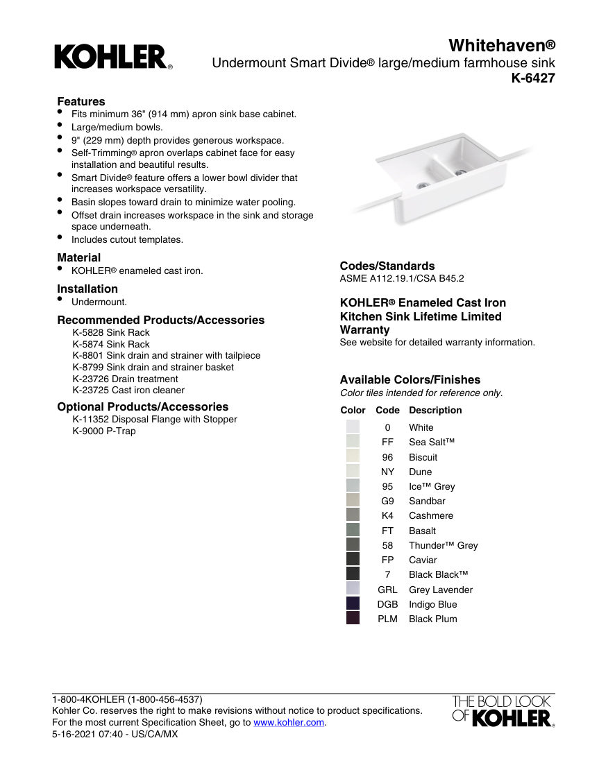 Kohler 6427 cut sheet — first page