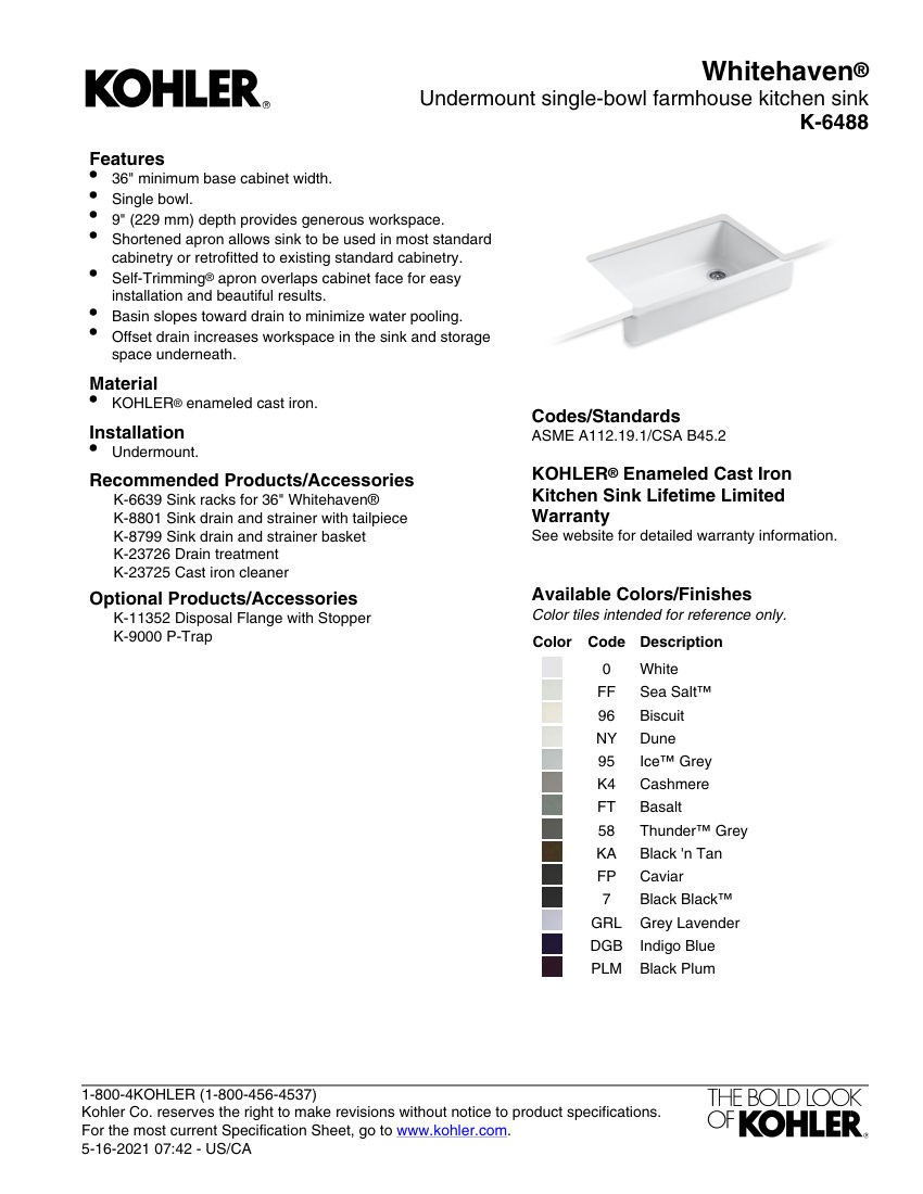 Kohler 6488 cut sheet — first page