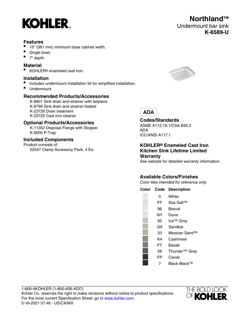 Kohler 6589-U cut sheet — first page
