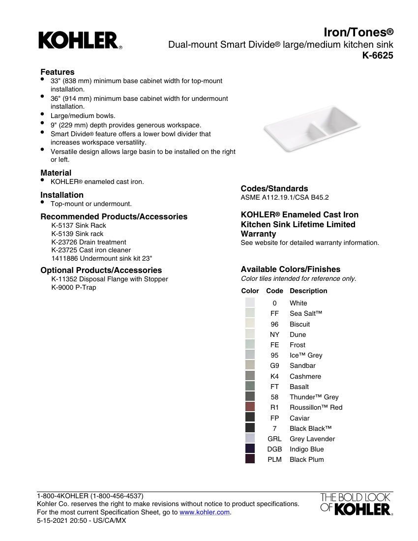 Kohler 6625 cut sheet — first page