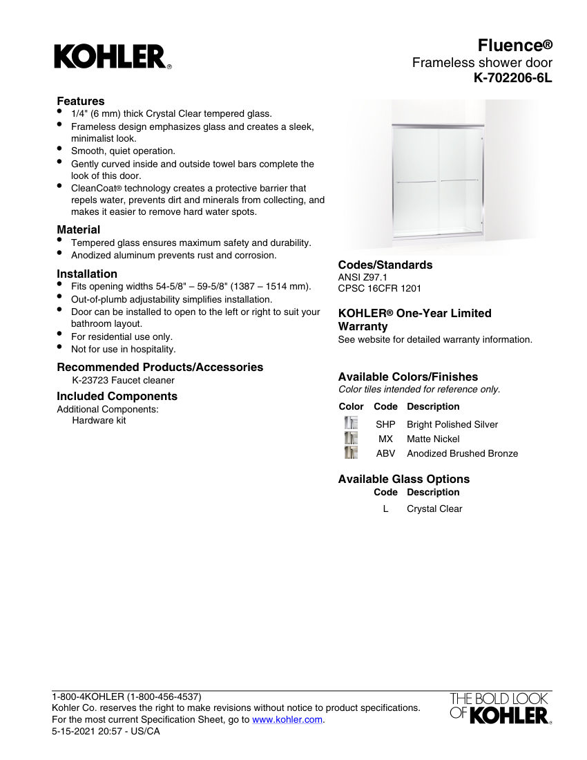 Kohler 702206-6L cut sheet — first page