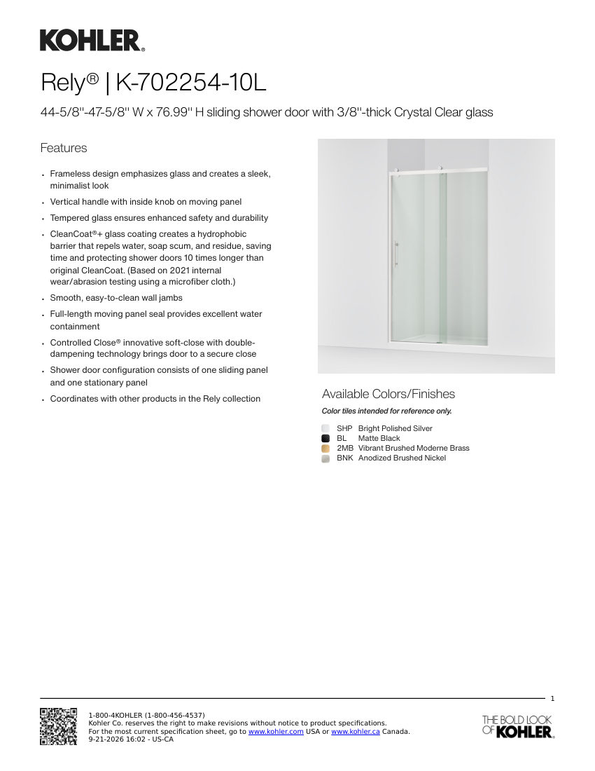 Kohler 702254-10L cut sheet — first page