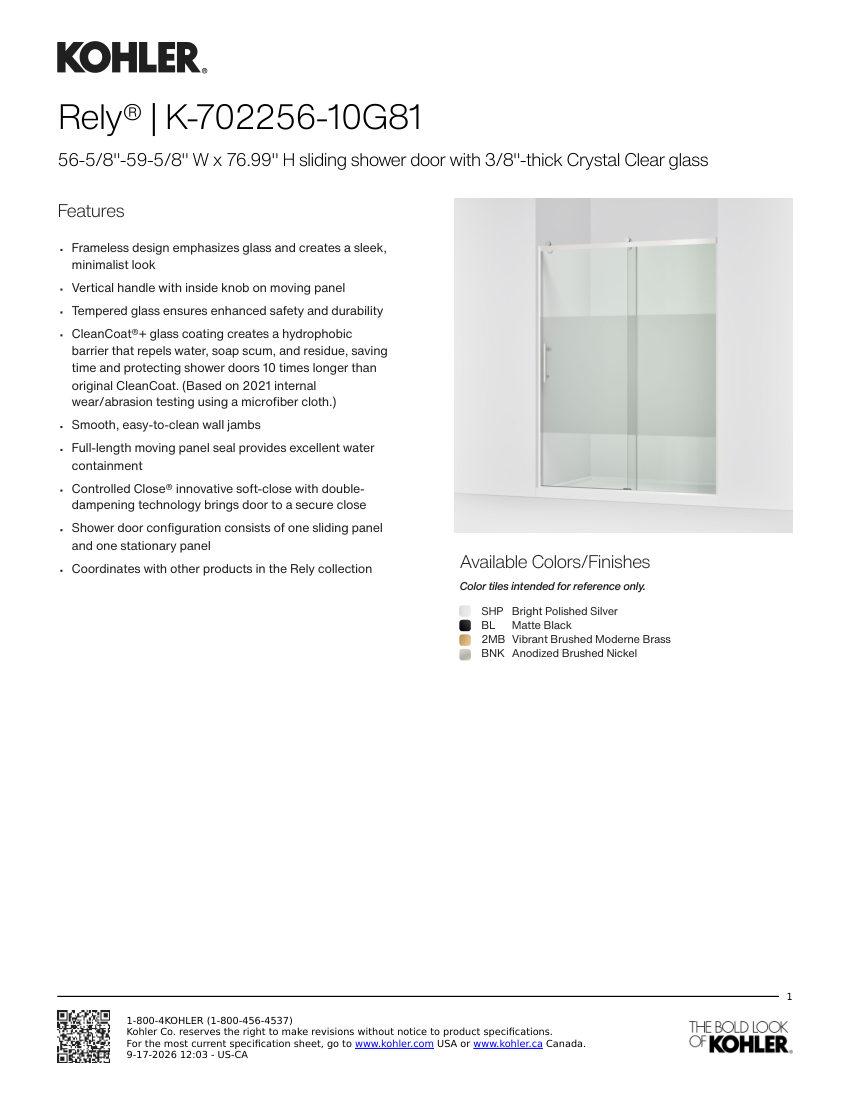 Kohler 702256-10G81 cut sheet — first page