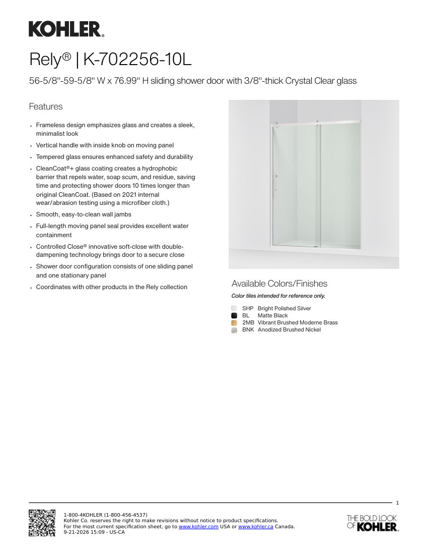 Kohler 702256-10L cut sheet — first page