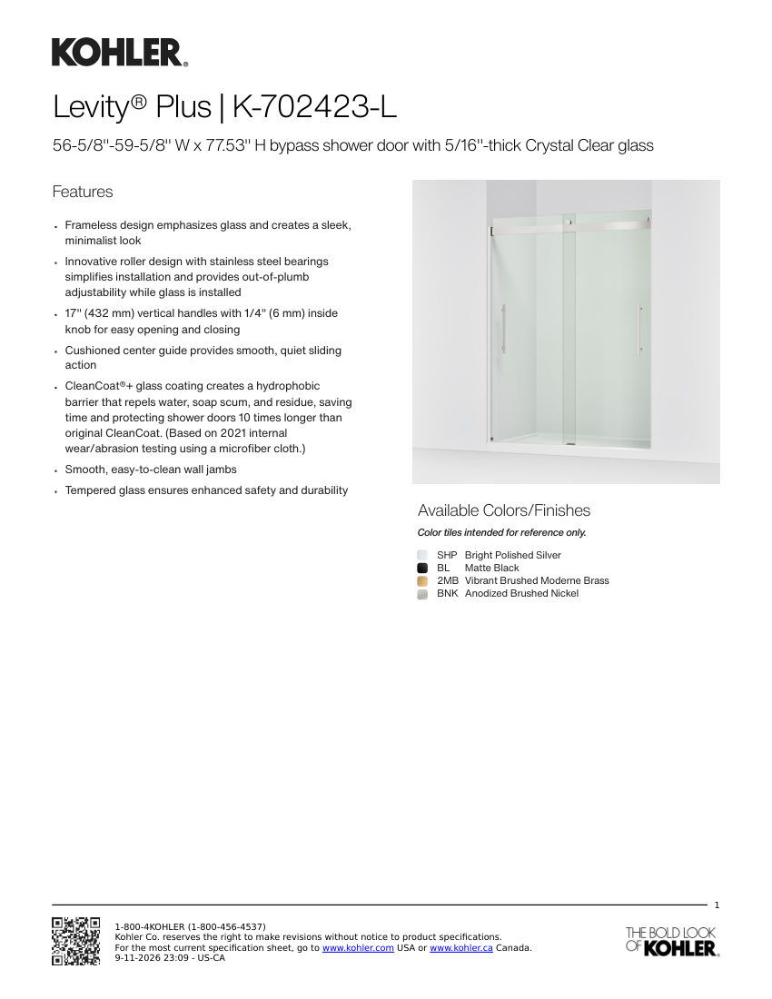 Kohler 702423-L cut sheet — first page