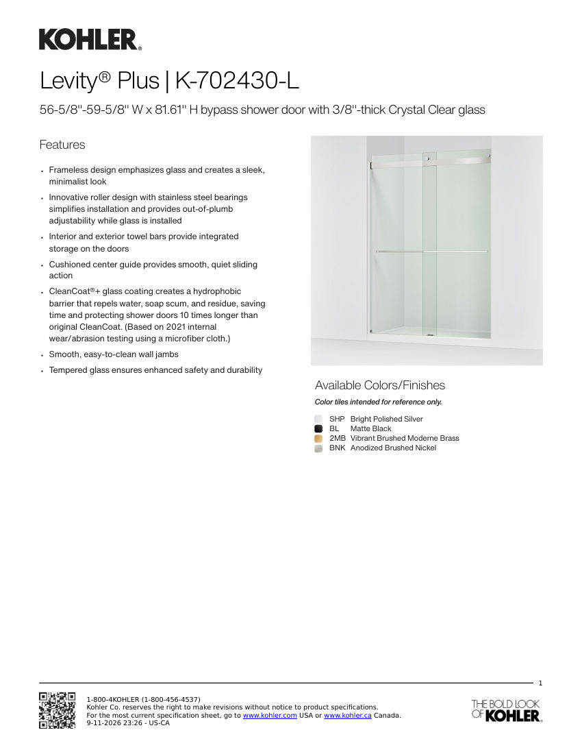 Kohler 702430-L cut sheet — first page