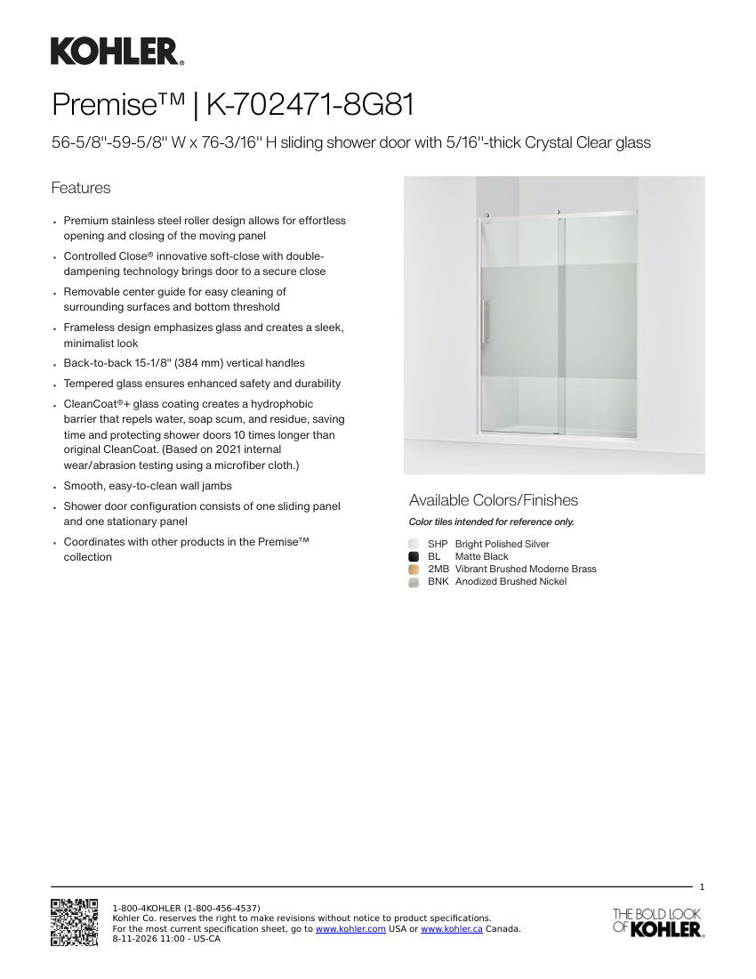 Kohler 702471-8G81 cut sheet — first page