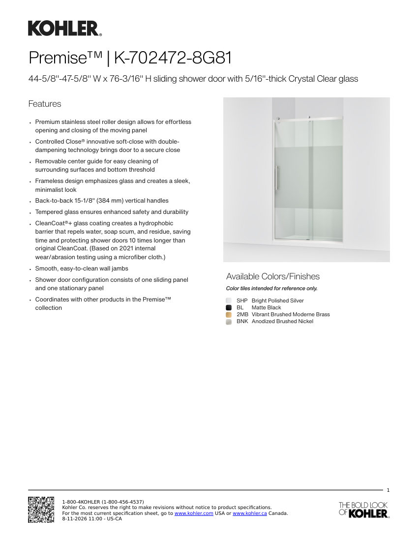 Kohler 702472-8G81 cut sheet — first page