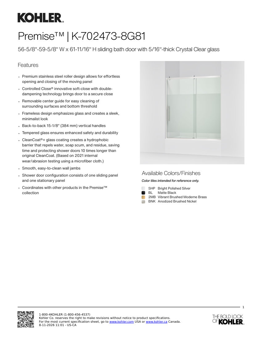 Kohler 702473-8G81 cut sheet — first page