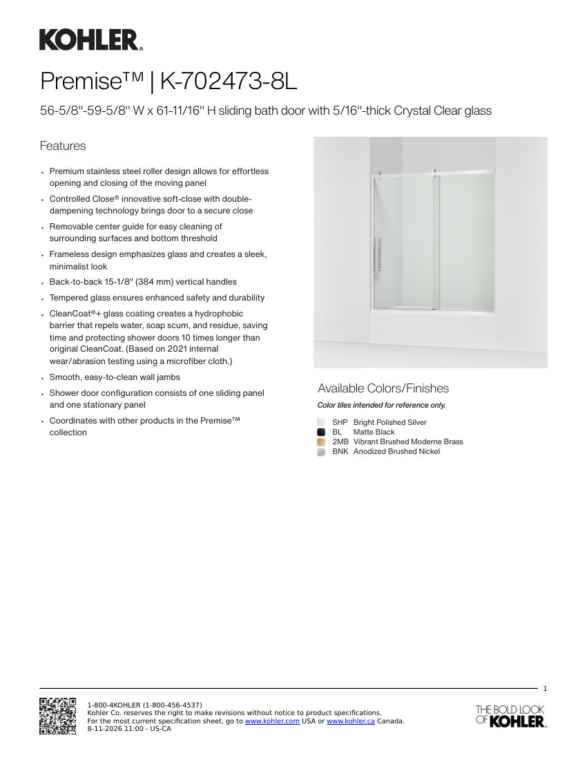Kohler 702473-8L cut sheet — first page