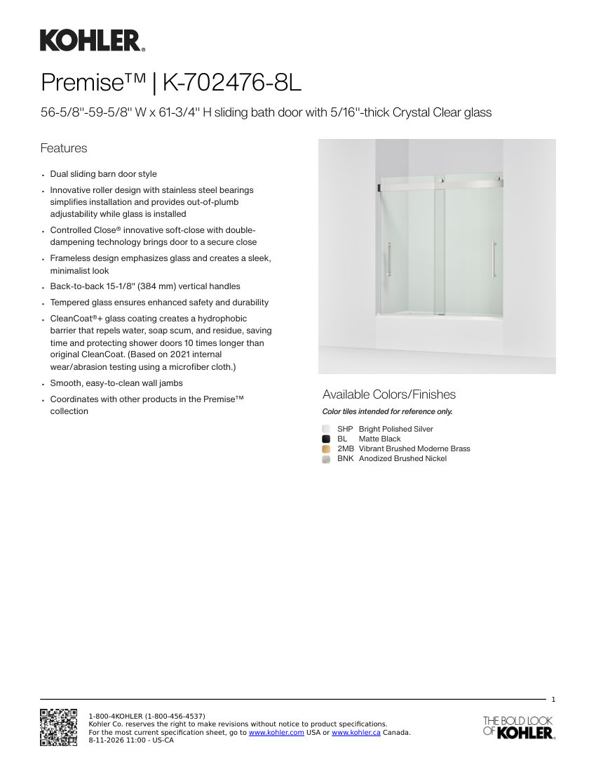 Kohler 702476-8L cut sheet — first page