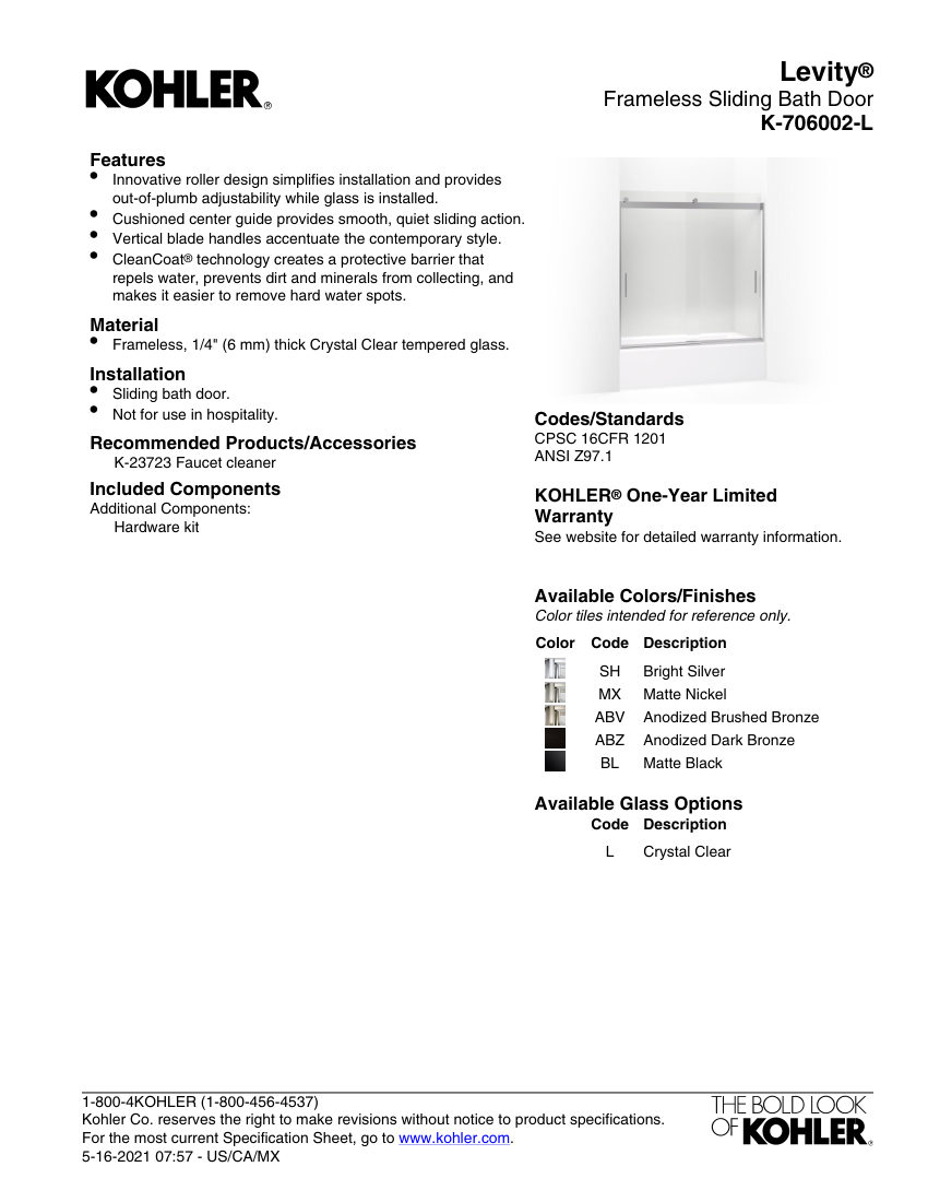 Kohler 706002-L cut sheet — first page