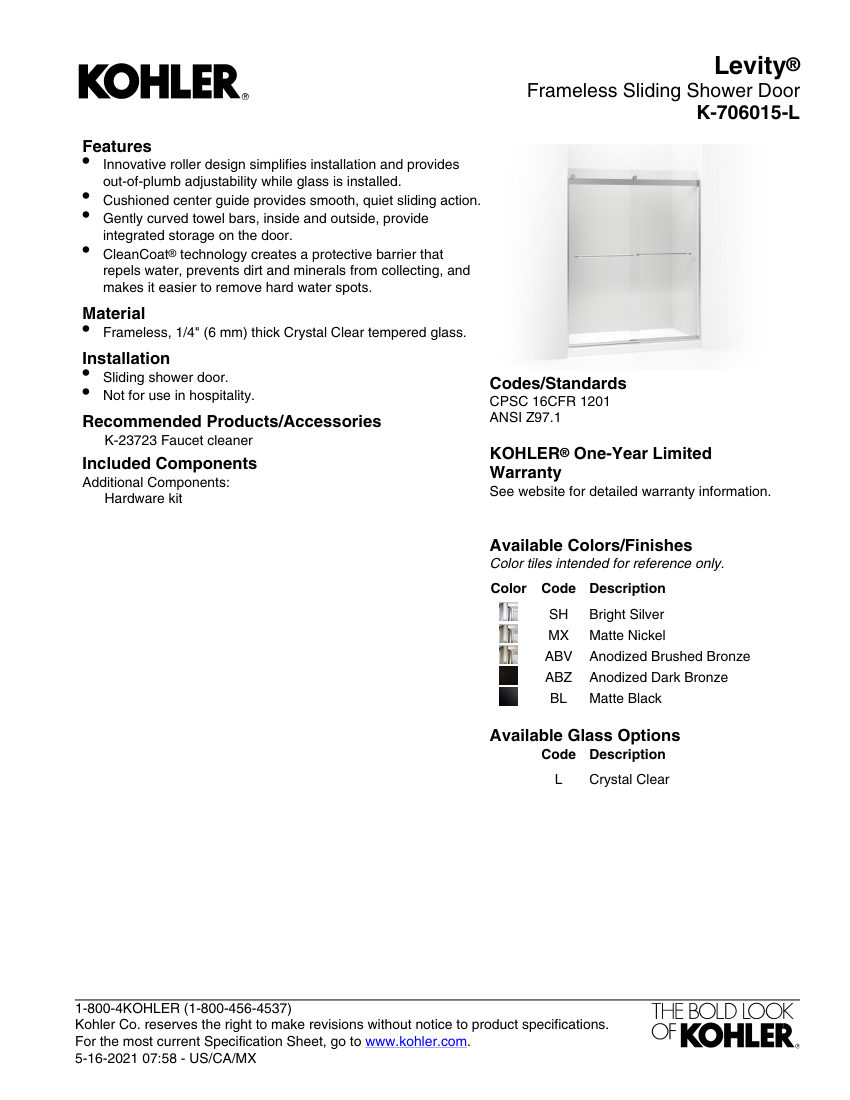 Kohler 706015-L cut sheet — first page