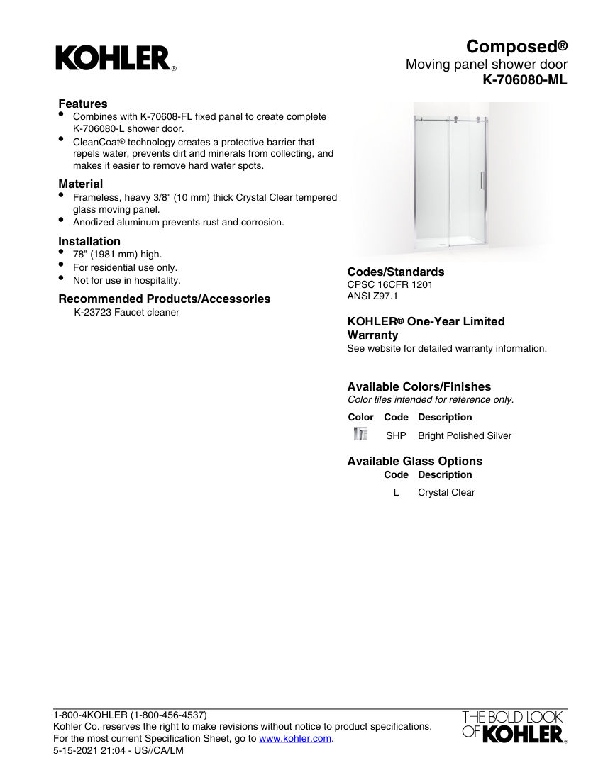 Kohler 706080-ML cut sheet — first page