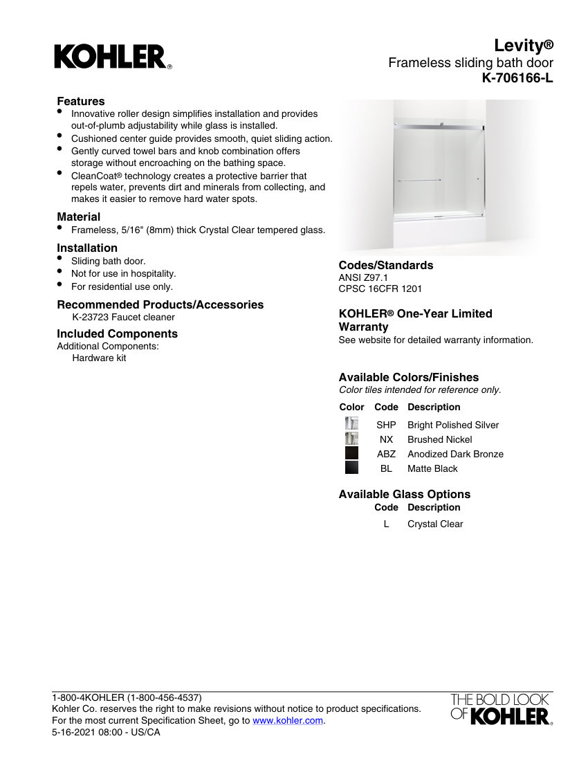Kohler 706166-L cut sheet — first page