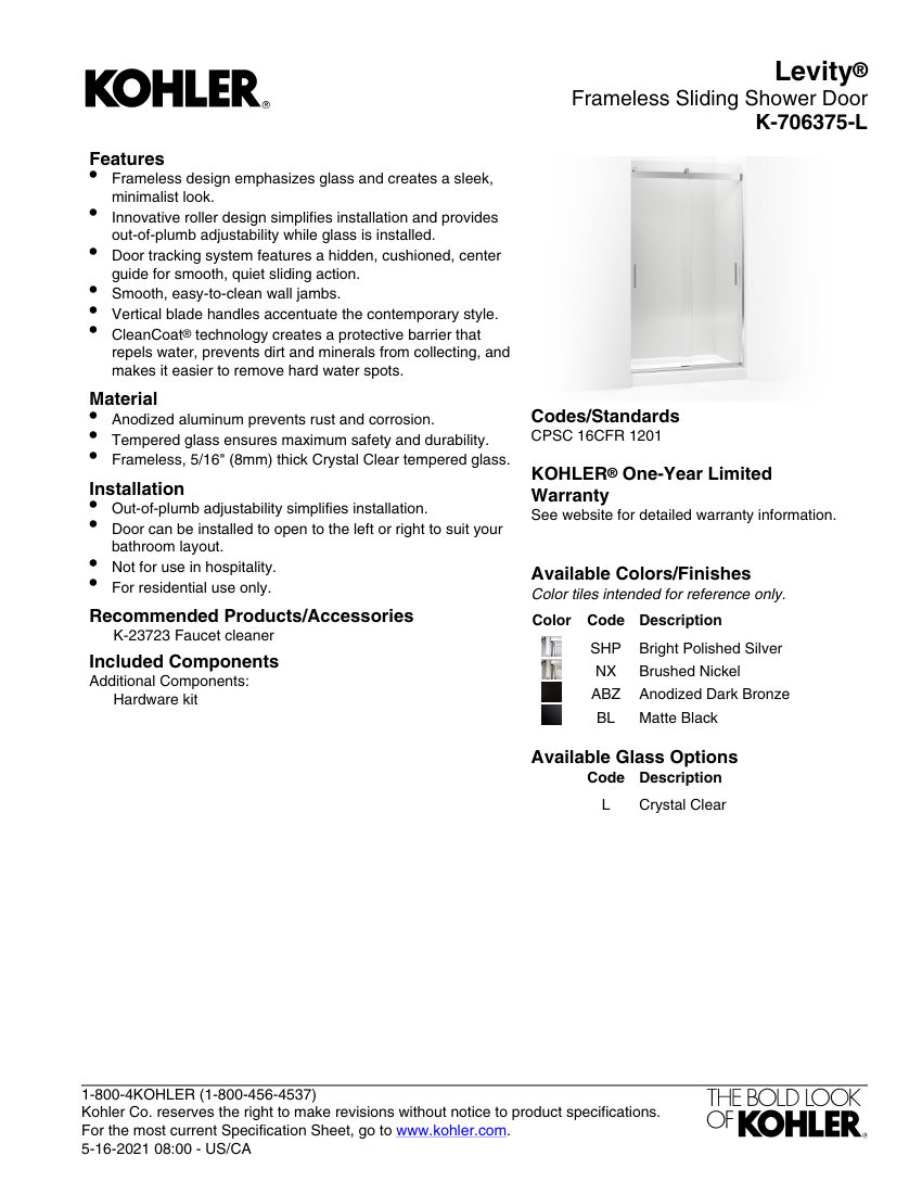 Kohler 706375-L cut sheet — first page