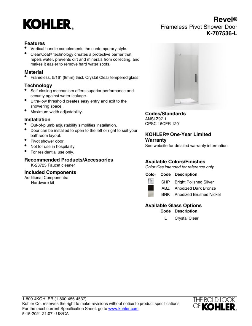 Kohler 707536-L cut sheet — first page