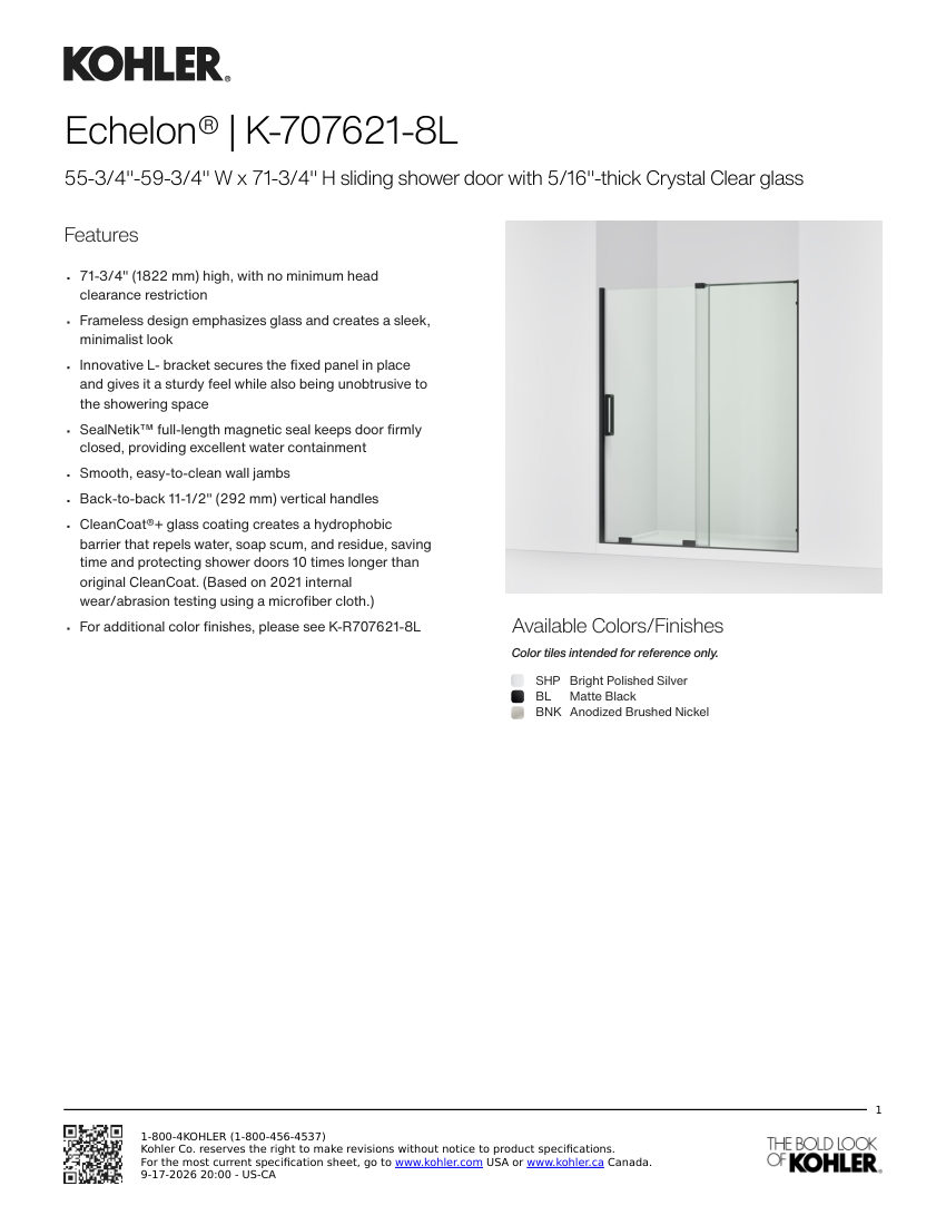 Kohler 707621-8L cut sheet — first page