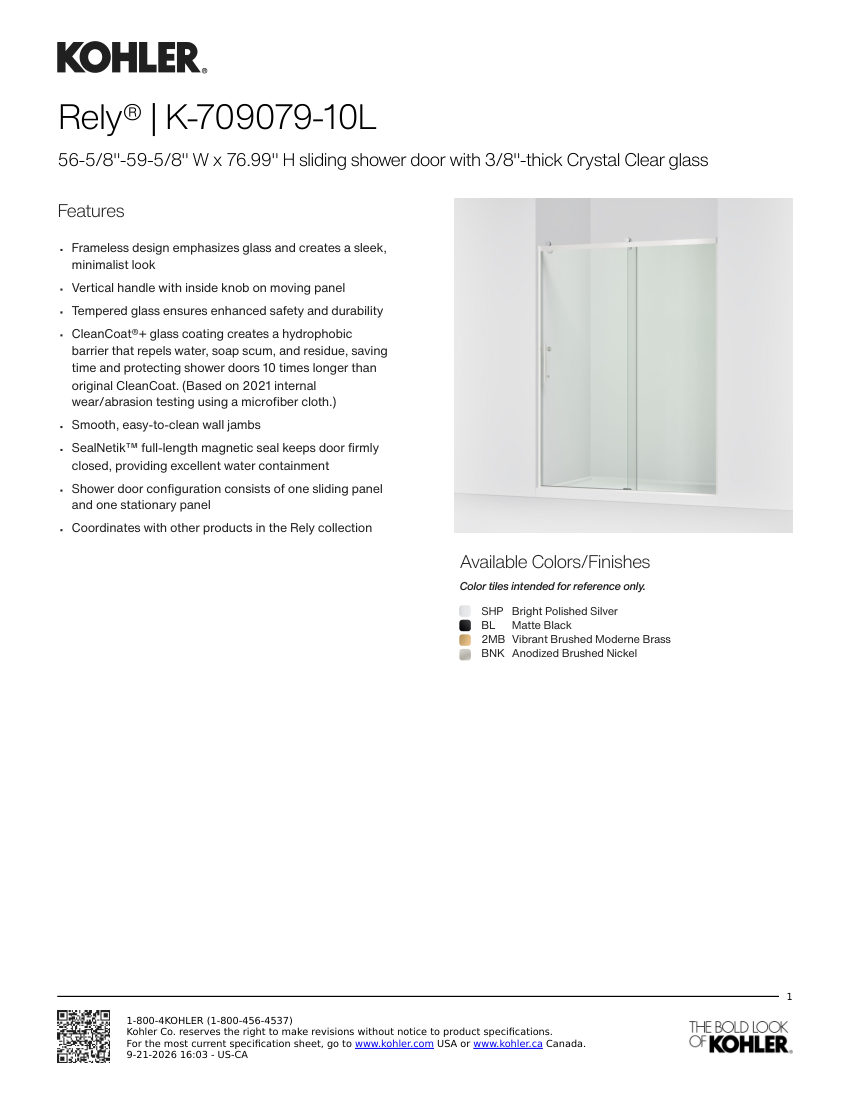 Kohler 709079-10L cut sheet — first page