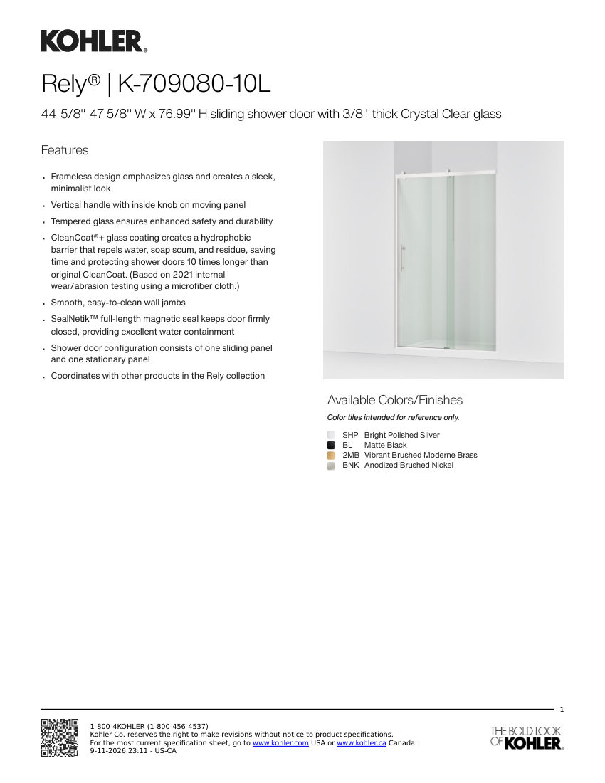 Kohler 709080-10L cut sheet — first page