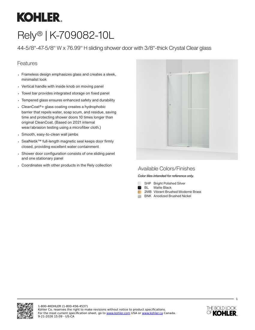 Kohler 709082-10L cut sheet — first page