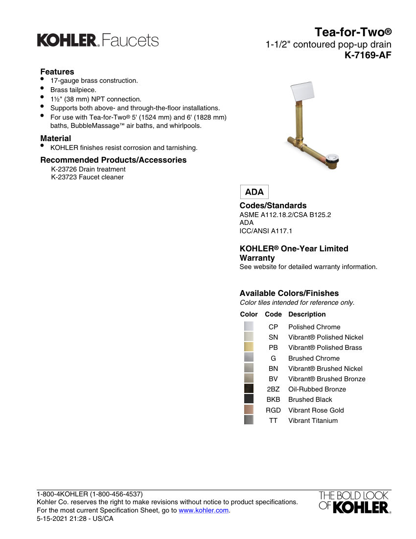 Kohler 7169-AF-7169-AF cut sheet — first page