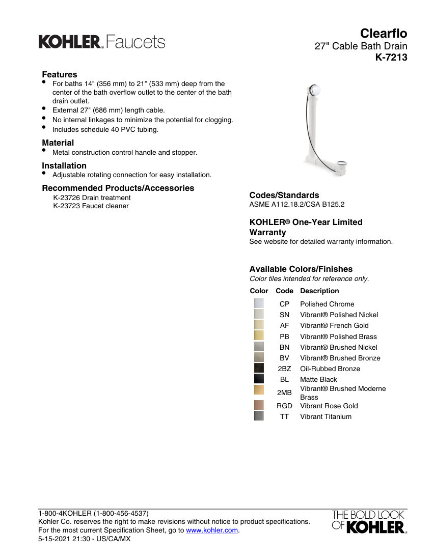 Kohler 7213 cut sheet — first page