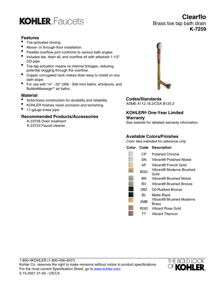Kohler 7259 cut sheet — first page