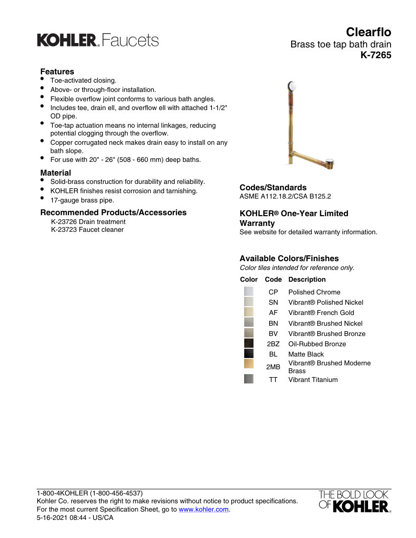 Kohler 7265 cut sheet — first page
