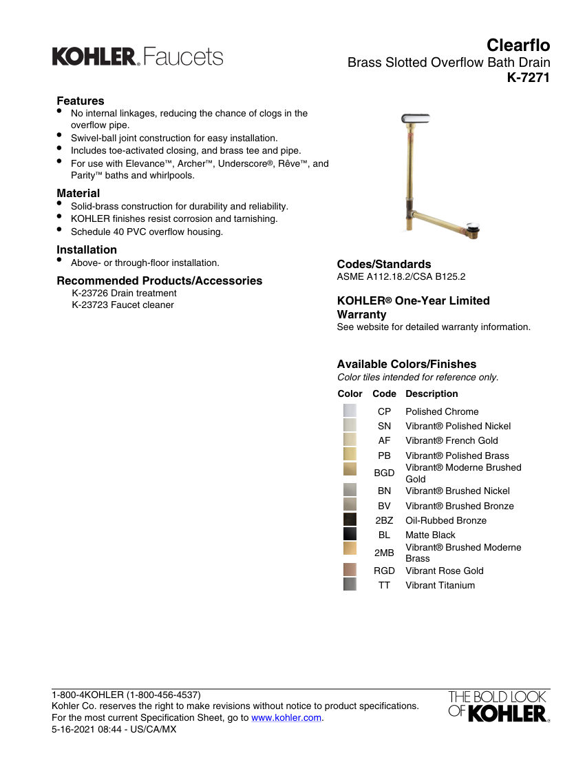 Kohler 7271 cut sheet — first page